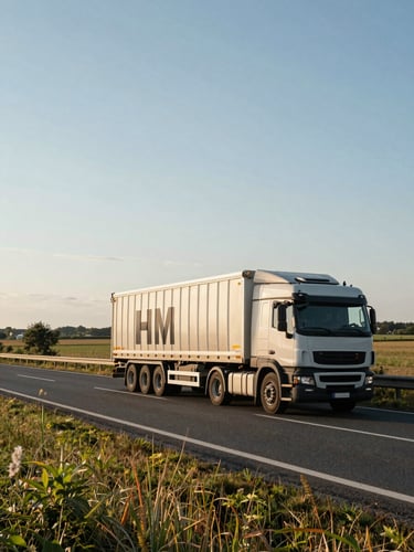 Wide environmental shot from road level, a loaded HBM freight truck in motion on a French regional road near Lyon at midday, golden natural light, open sky above, farmland in background, truck occupying right third of frame, generous road and landscape to the left