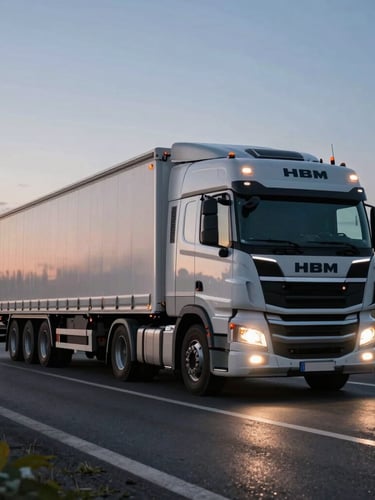 Wide-angle twilight shot of an HBM heavy semi-trailer truck driving on a European highway, headlights illuminating the wet asphalt, industrial precision lighting.