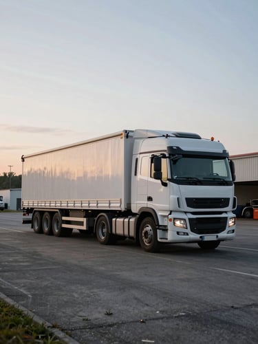 Wide environmental shot of a heavy goods truck pulling out of a Lyon logistics depot at dawn, cab in three-quarter view, concrete yard stretching left, pale sky above, operational context with no people posing