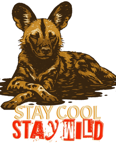 Image of an African dog artwork with the words stay cool, stay wild underneath