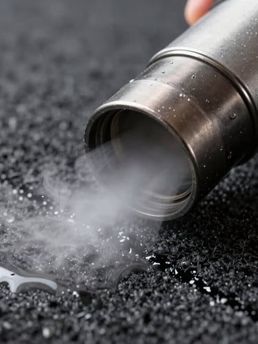Extreme close-up of a high-power steam extraction nozzle deep-cleaning a dark textured carpet, sharp daylight, visible water droplets and clean split line, clinical precision.