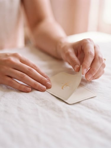 Ethereal close-up of delicate hands gently turning over a minimalist tarot card on a white linen surface, soft diffuse pink light, 35mm fine-art photography