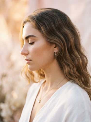 Ethereal fine-art photography of a serene woman face in profile, soft pink and white light, minimalist esoteric styling, gentle golden-hour highlights, 35mm