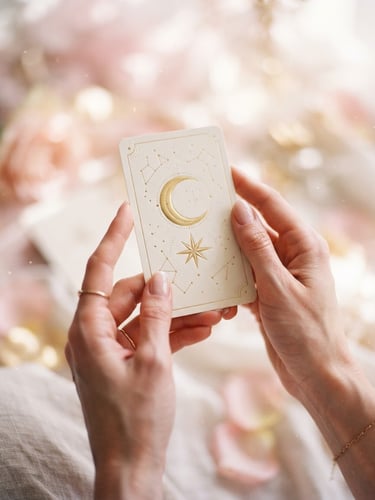 Close-up macro of elegant hands holding a minimalist gold-embossed tarot card, soft pink and white light, ethereal fine-art photography style, 35mm