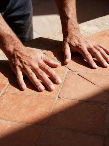 A warm-toned close-up of hands laying hand-chipped terracotta zellige tiles in a sunlit Moroccan courtyard, harsh shadows, 35mm