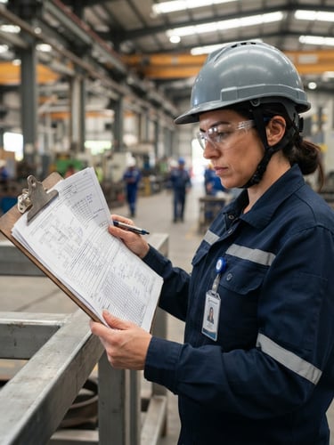 A close-up of a safety officer reviewing compliance documents on a modern industrial site, crisp natural daylight, navy tones.