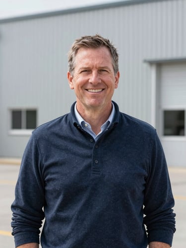 Professional environmental portrait of founder Steve Thompson in a clean industrial facility, natural daylight, sharp focus, 35mm lens