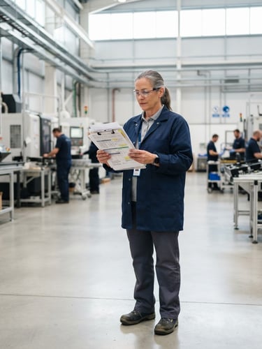 A professional environmental portrait of a senior safety inspector in a clean, modern manufacturing facility holding compliance documents, natural daylight, sharp focus, 35mm lens.