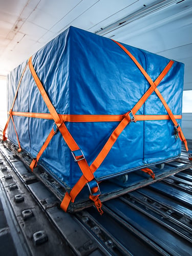 Close-up of secured high-value cargo inside a clean, modern cargo bay, bright high-contrast daylight streaming through open doors, showing industrial straps and precision logistics gear.
