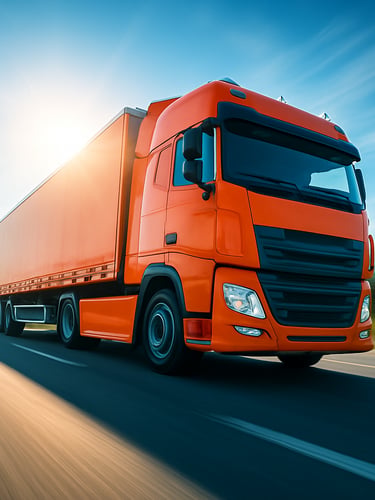 Dynamic low-angle shot of a modern orange freight truck speeding down an open highway under bright morning sun, motion blur background