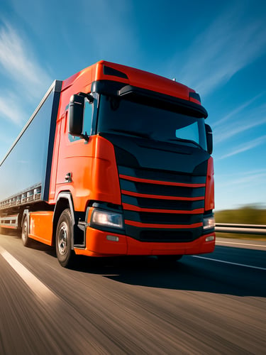 Low-angle dynamic shot of a modern freight truck speeding down a sunlit highway, motion blur, bright daylight, vivid orange accents