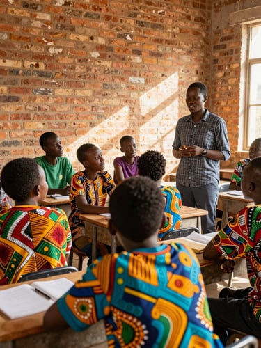 Medium shot of students and a teacher engaged in a lively discussion inside a well-lit brick classroom, natural sunlight, vibrant African heritage colors, 35mm lens.