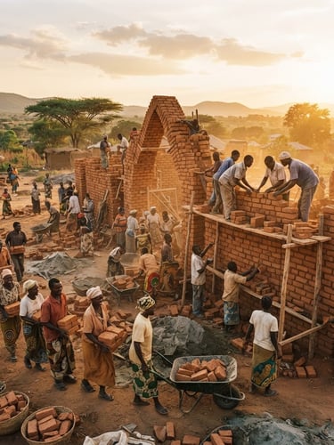 Wide environmental shot of community members collaboratively building a terracotta brick structure under warm golden hour sunlight, vibrant earth tones, natural lighting, 35mm lens.