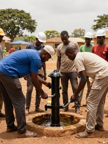 Wide shot of local engineers installing a community water pump, rich earth tones, active collaborative work, 35mm lens.