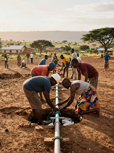 Wide environmental shot of local engineers and community members installing a water distribution grid in a sunlit eastern valley, rich earth tones, golden hour, 35mm documentary photography.