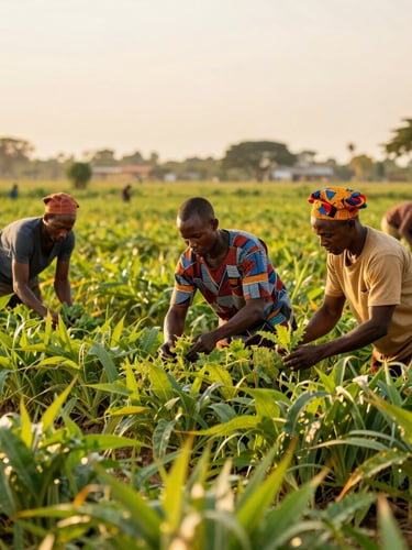 Medium shot of local farmers inspecting crops in a vibrant green field, warm golden hour tones, collaborative work, 35mm lens.