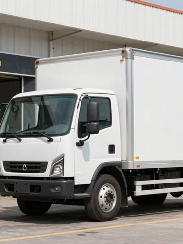 Crisp commercial photography of a clean white rigid box truck parked at a modern concrete loading dock, bright daylight, sharp focus, 35mm lens