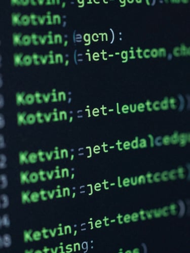 Tight macro shot of clean Kotlin code on a high-end dark display, sharp emerald green syntax highlighting, moody studio lighting