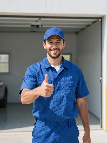 Professional Haul Away Junk LLC crew member in clean uniform smiling and giving a thumbs up after completing a cleanout, a neatly swept empty garage in the background, bright natural daylight, crisp focus, commercial style
