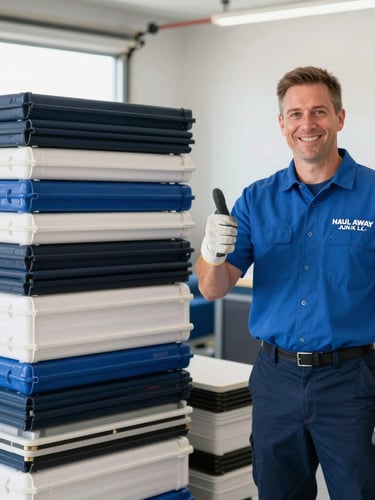 Medium action shot of a Haul Away Junk LLC crew member in a clean uniform, wearing safety gloves, giving a thumbs-up while standing next to a neatly stacked pile of items in a clean garage, bright natural daylight, crisp focus.