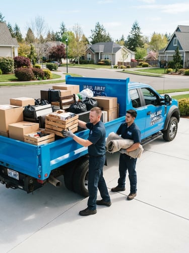 Professional Haul Away Junk LLC crew in clean uniforms loading neatly organized junk into a bright blue truck under crisp natural daylight, wide environmental shot with swept clean space, sharp focus