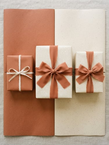 Overhead flat-lay of coordinated terracotta and cream wrapping paper sheets with neat cotton ribbon bows, soft diffused studio lighting, sharp focus on paper texture, 35mm.