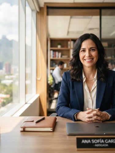 Professional corporate portrait of a Mexican legal advisor in a bright, modern office in Monterrey, natural daylight, warm tones, trustworthy expression