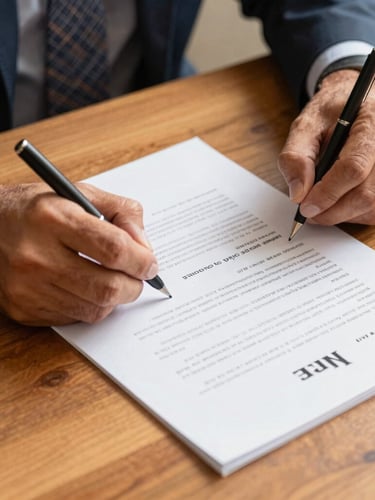 Close-up of hands signing legal property deeds on a wooden desk, clean high-contrast composition, warm natural daylight
