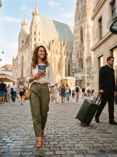 Relaxed traveler walking freely through a sunlit Viennese cobblestone street near St. Stephen's Cathedral, holding a small guidebook, with a secure, clean suitcase being professionally handled in the background, warm natural daylight.