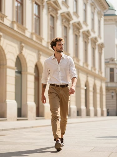 Relaxed traveler, dressed elegantly, walking freely through a historic Viennese street with iconic architecture, no luggage in hand, bathed in warm natural daylight, shallow depth of field.