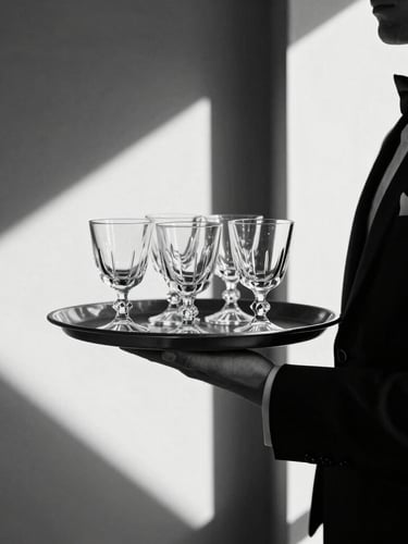 A sharp close-up of a waiter in a crisp black uniform carrying a minimalist tray of crystal glassware, high-contrast black and white photography, dramatic architectural lighting, deep shadows, 35mm film