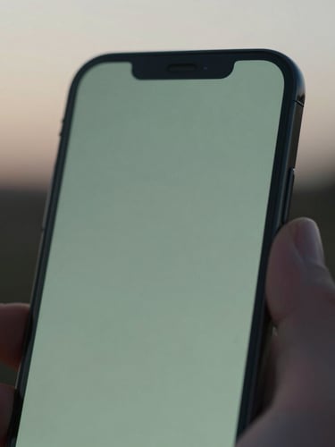 Extreme close-up of a hand holding a modern smartphone showing a soft-glowing, minimalist dark interface with sage green tones, diffused dusk light, macro depth of field, no harsh shadows