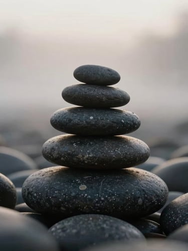 Macro texture of smooth dark river stones stacked gently, soft diffused morning mist lighting, calming zen composition