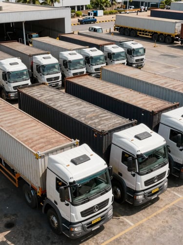 Wide-angle environmental shot of heavy-duty flatbed cargo trucks lined up at a modern consolidation terminal in Lagos, high-contrast midday sun, sharp industrial shadows.