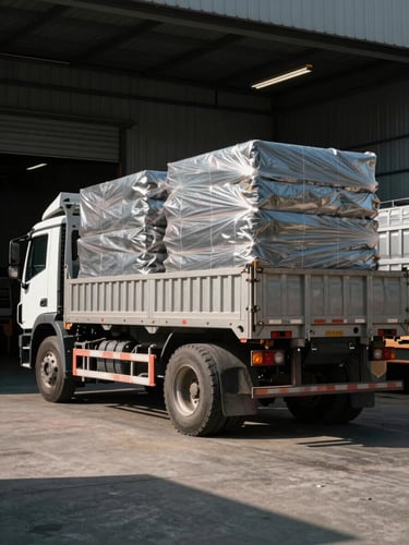Heavy-duty flatbed cargo truck loaded with industrial goods, parked near a warehouse, high-contrast midday sun, sharp shadows.