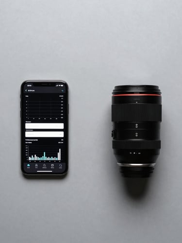 Minimalist overhead shot of a clean workspace with a smartphone displaying high-contrast analytics charts next to a sleek camera lens, cool gray shadows, 50mm lens