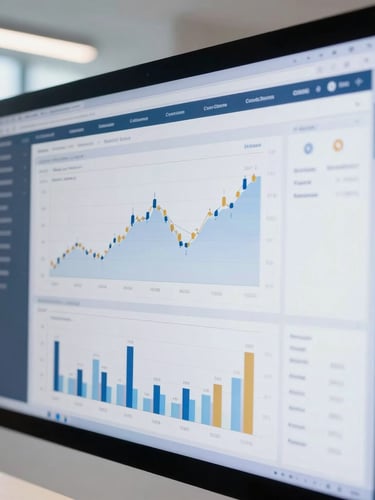 Close-up of a modern financial dashboard on a high-resolution screen, clean charts displaying conversion metrics, soft blue and gold ambient light, professional editorial photography