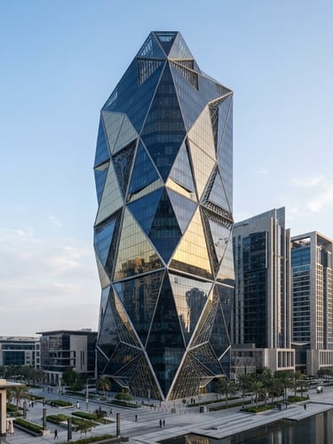 Wide architectural shot of Al Khatem Tower in ADGM Square, Abu Dhabi, sharp geometric lines, cool morning light reflecting off glass facades, professional editorial photography, 35mm