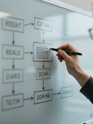 Close-up of hands drawing structured workflow diagrams on a clean glass whiteboard, natural cool office lighting, precise and professional.