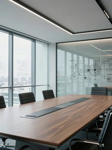 Wide panoramic shot of a modern corporate boardroom with clean architectural lines, cold natural light, technical diagrams on glass