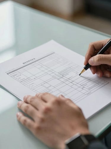 Close-up of professional hands analyzing structured data flowcharts on a clean glass table, cold natural light