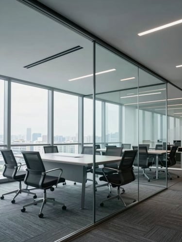 Wide-angle portrait crop of a modern corporate boardroom with clean glass partitions, natural cool daylight, architectural lines, no people, professional atmosphere.