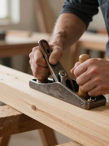 Close-up of a craftsman's hands using a traditional hand-plane on a massive timber beam, soft side-lit workshop daylight, shallow depth of field, 35mm