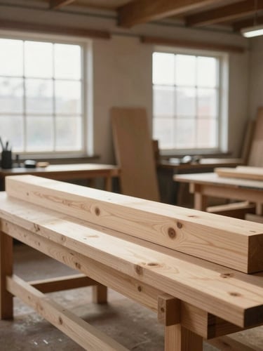 A wide environmental shot of a clean, structured timber workshop, natural light streaming through high windows, large wooden beams resting on workbenches, 35mm