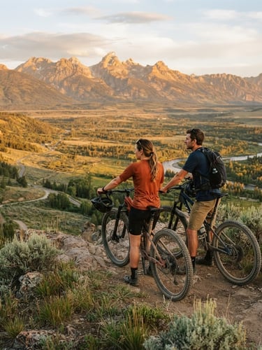 Wide environmental shot, golden hour, two friends leaning on mountain bikes looking out over the Teton Valley, warm low-angle sunlight, 35mm film look.