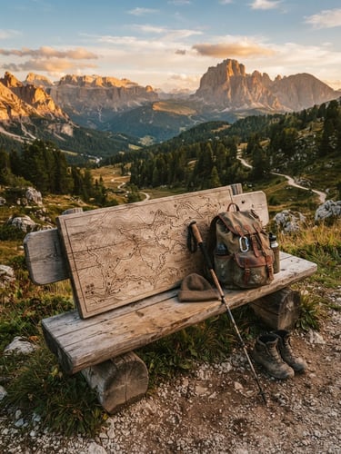 A warm environmental photo of a wooden trail map and relaxed hiking gear resting on a rustic bench, golden-hour mountain light.