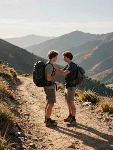 Medium shot of a guide adjusting a backpack for a guest on a sun-drenched dirt trail, relaxed human interaction, rich natural tones, crisp mountain morning light.