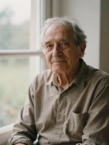 A warm, honest portrait of an elderly homeowner sitting by a window, soft natural overcast daylight, muted earthy tones, 35mm lens.