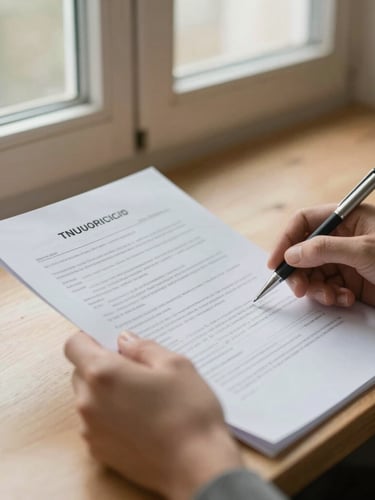 A close-up of hands reviewing official legal documents and county records under soft window light, warm editorial tones, shallow depth of field.