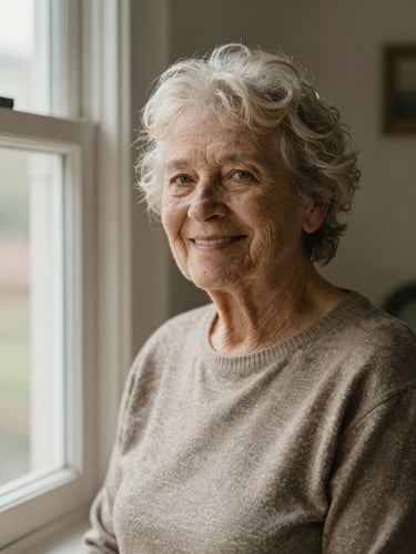 A warm, honest portrait of an elderly homeowner smiling softly next to a sunlit window, warm editorial photography, soft natural window light, muted earthy tones, shallow depth of field.